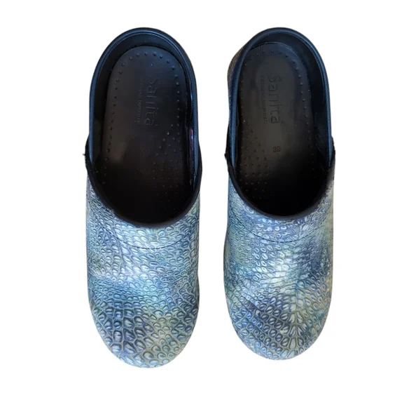 Sanita Reptile Embossed Leather Slip On Clogs EU 39 Blue Green - Picture 4 of 16